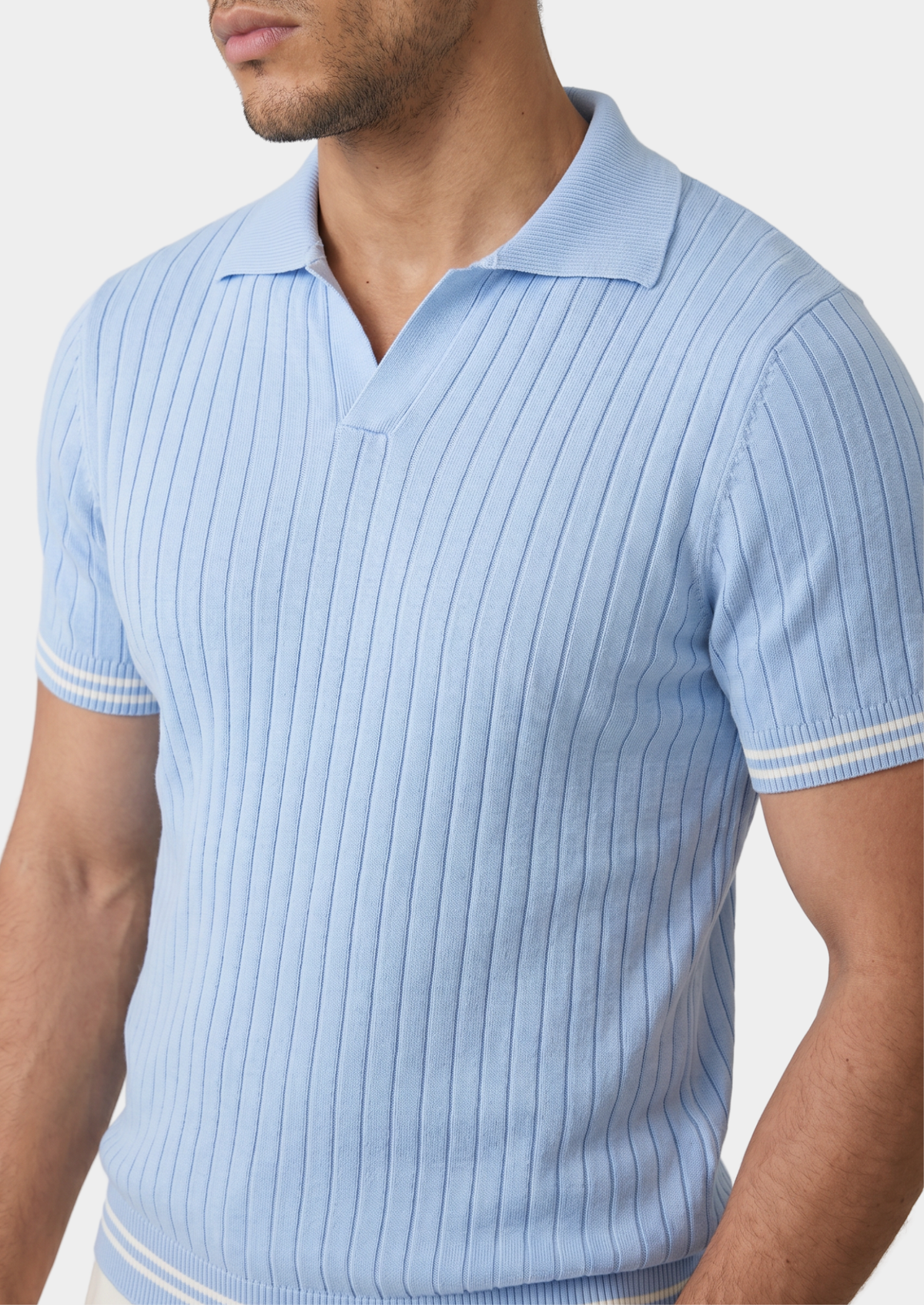 Pierre Light Blue Ribbed Buttonless Polo | Roccella