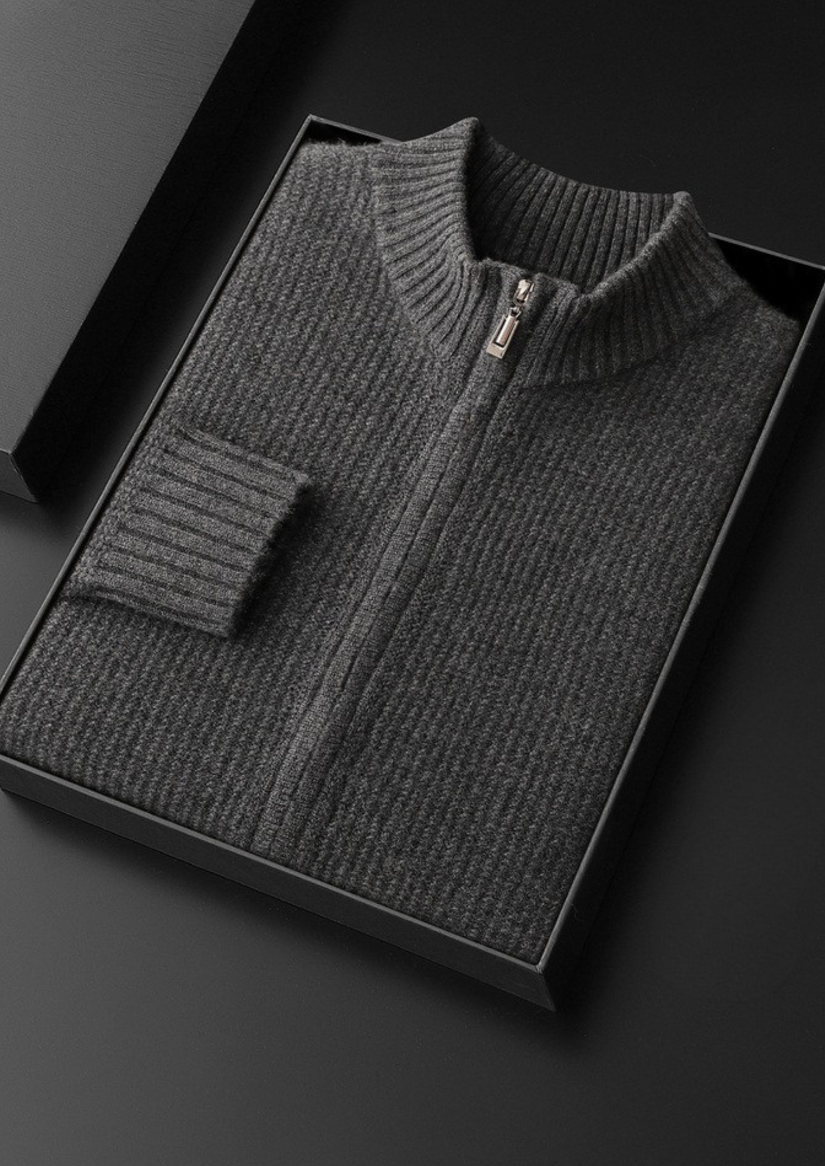 Pure Cashmere Dark Gray Ribbed Zip Cardigan | Roccella