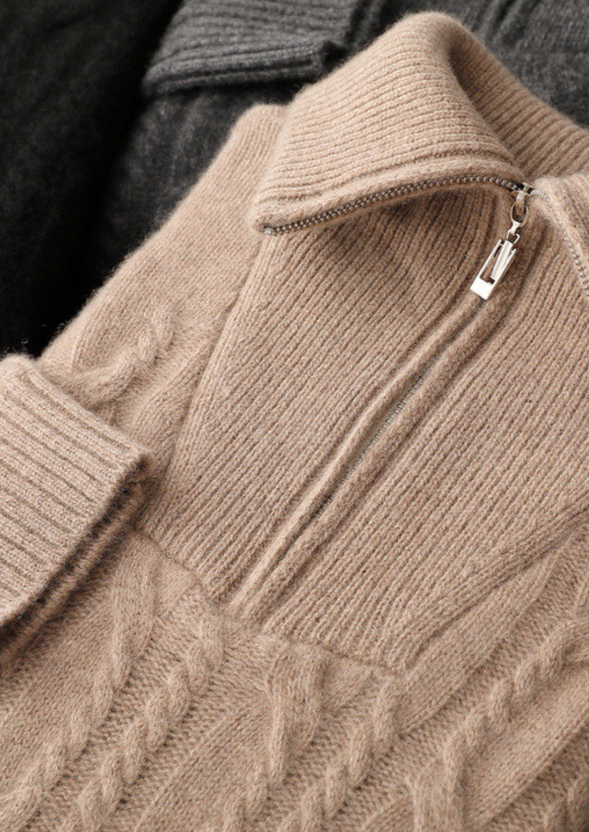 Pure Cashmere Beige Cable Half Zip Sweater | Roccella