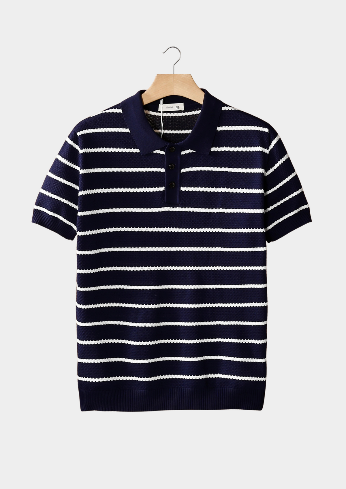 Navy Striped Textured Button Polo | Roccella