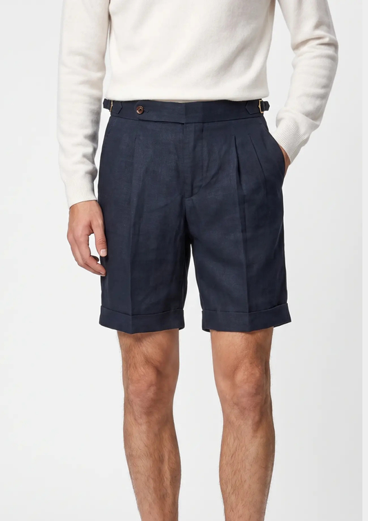 Navy Blue Pleated Linen Seaside Shorts | Roccella