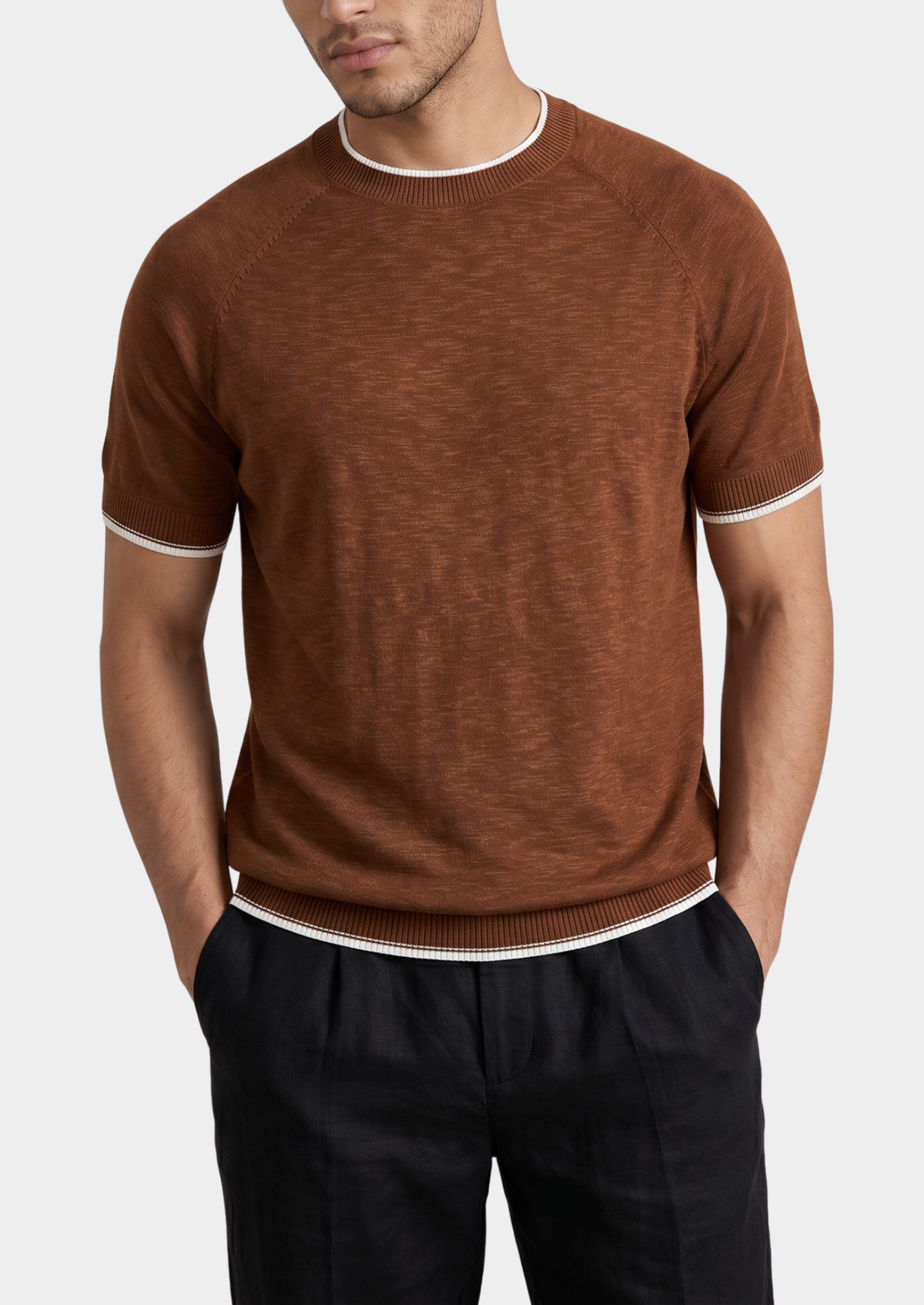 Capri Caramel Linen Contrast T-Shirt | Roccella