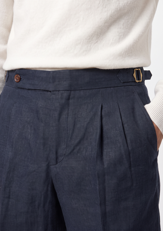 Navy Blue Pleated Linen Seaside Shorts | Roccella