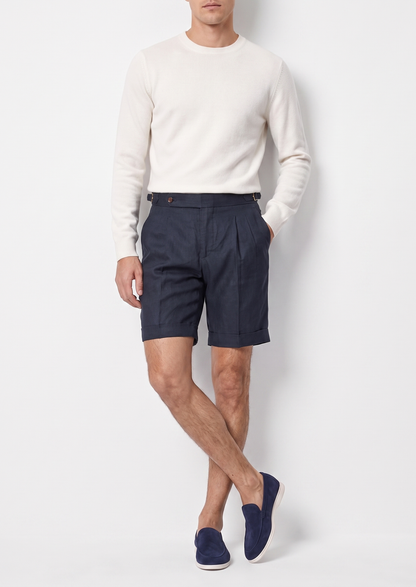 Navy Blue Pleated Linen Seaside Shorts | Roccella