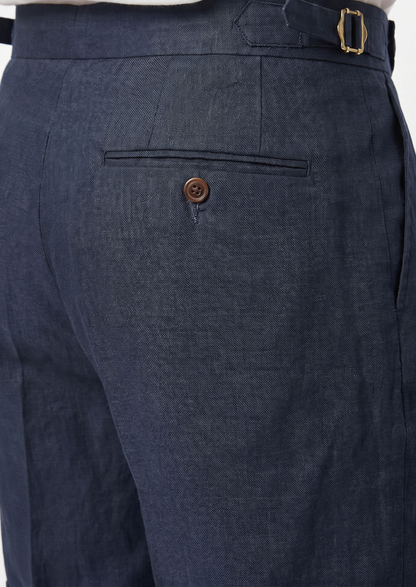 Navy Blue Pleated Linen Seaside Shorts | Roccella