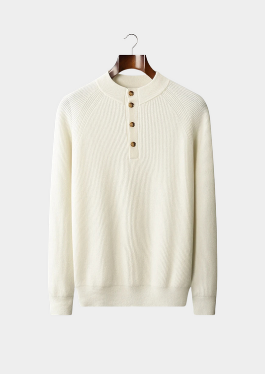 Premium Cashmere Classic Ribbed Henley Sweater | Roccella