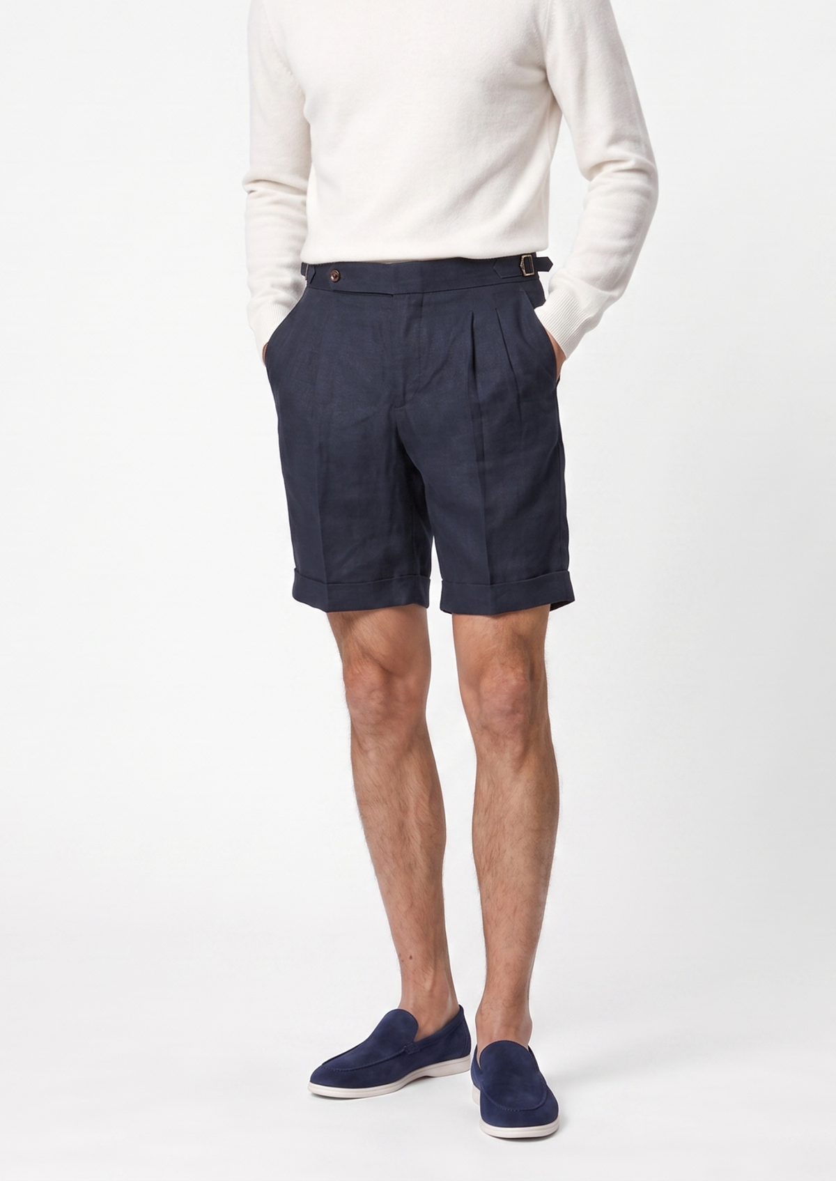 Navy Blue Pleated Linen Seaside Shorts | Roccella
