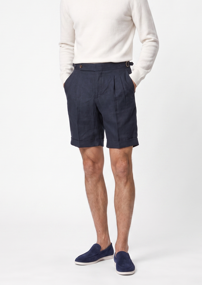 Navy Blue Pleated Linen Seaside Shorts | Roccella