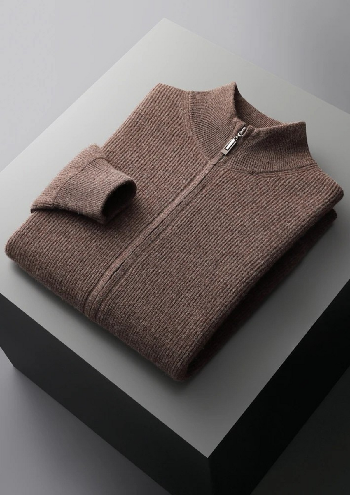 Merino Ribbed Zip Cardigan, Sand & Coffee