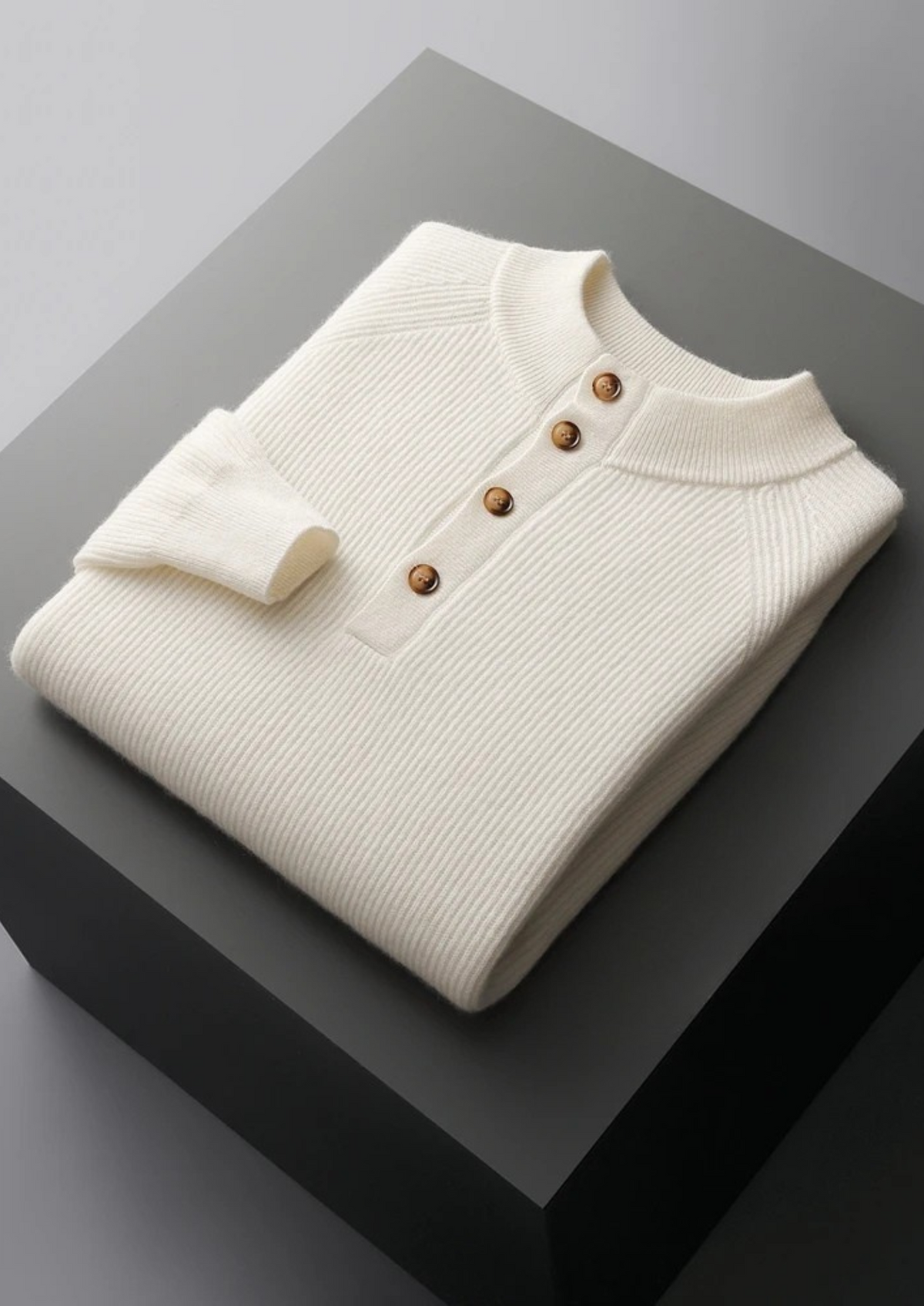 Premium Cashmere Classic Ribbed Henley Sweater | Roccella