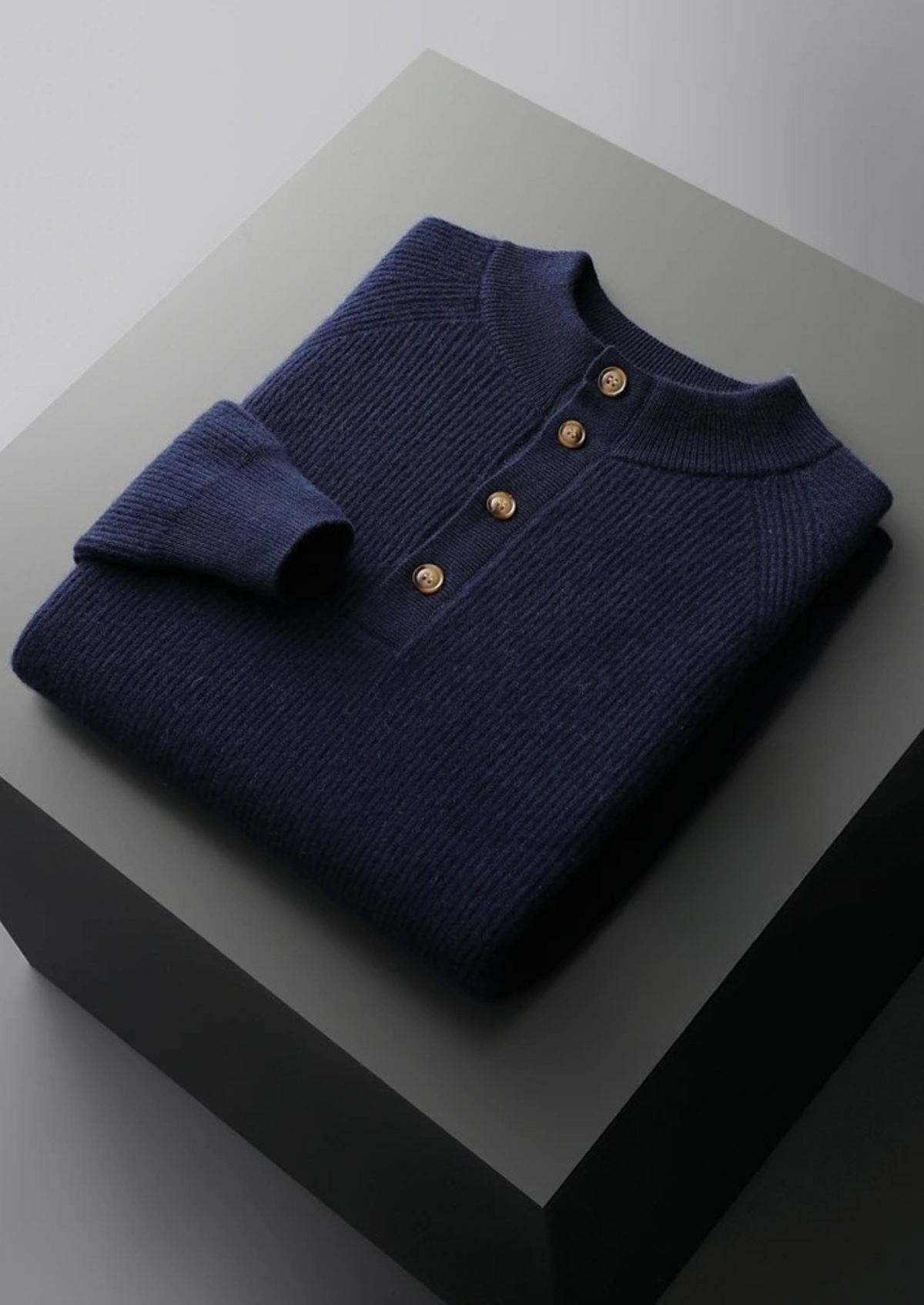 Premium Cashmere Classic Ribbed Henley Sweater | Roccella