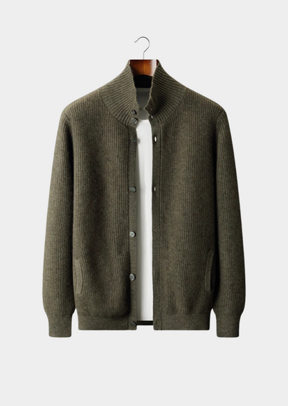 Premium Cashmere Ribbed High Collar Cardigan | Roccella