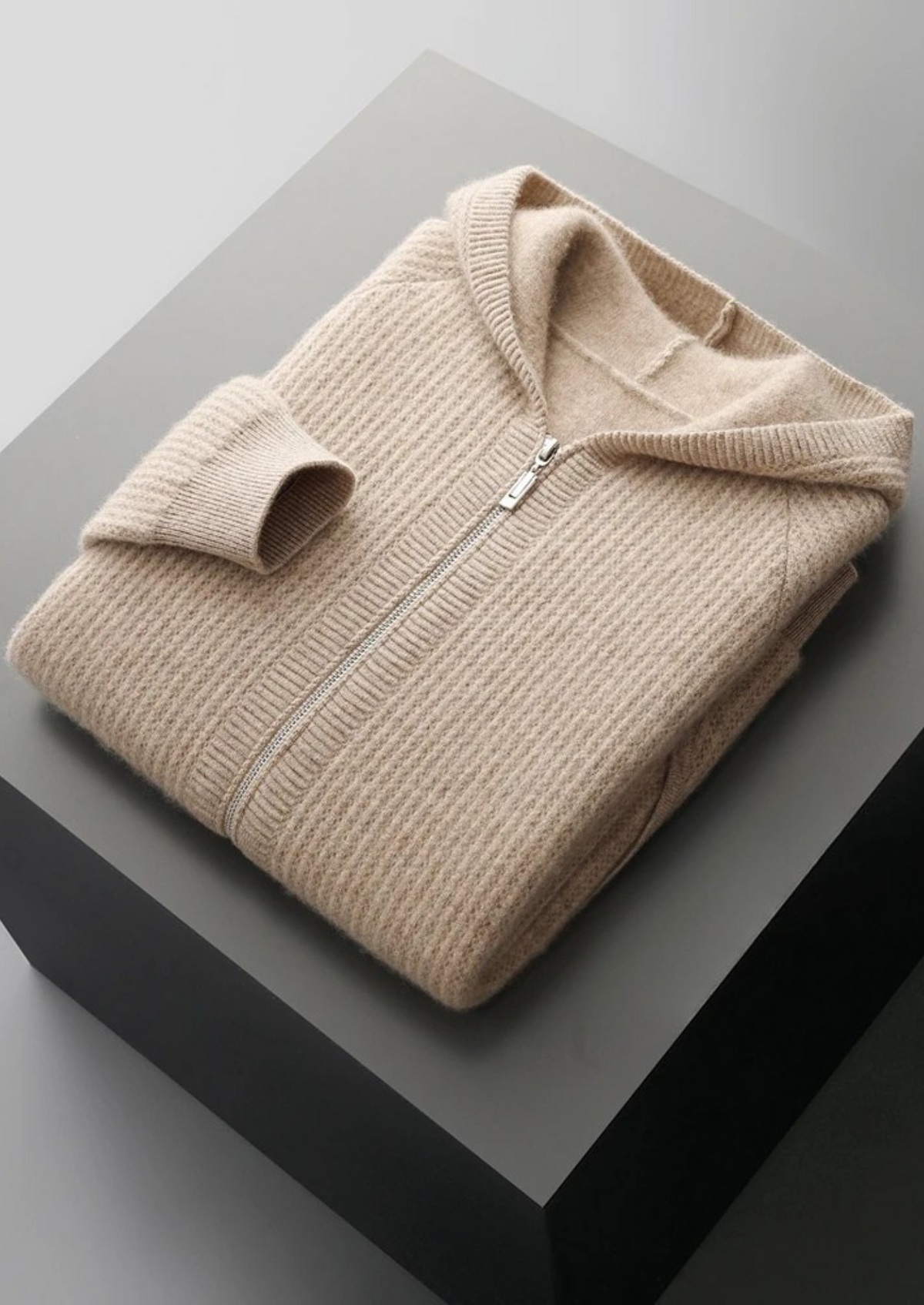 Pure Extra-Fine Merino Wool Ribbed Zipper Hoodie | Roccella
