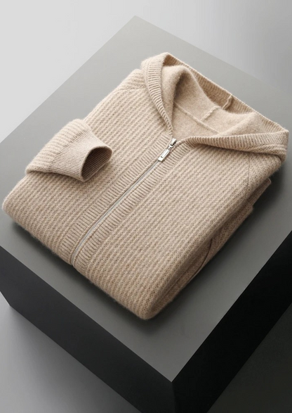 Pure Extra-Fine Merino Wool Ribbed Zipper Hoodie | Roccella