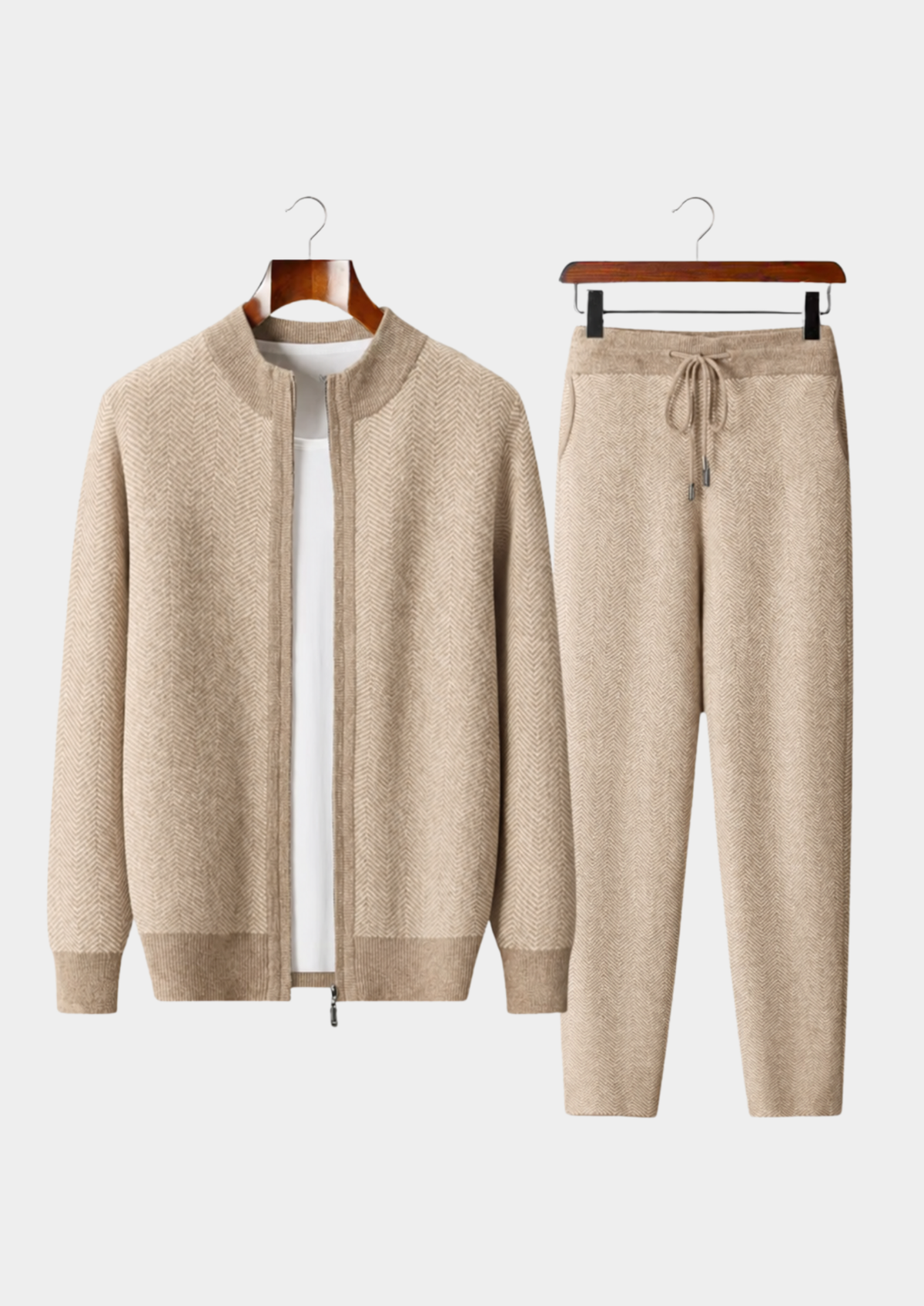 Pure Extra-Fine Merino Wool Sand Herringbone Set | Roccella