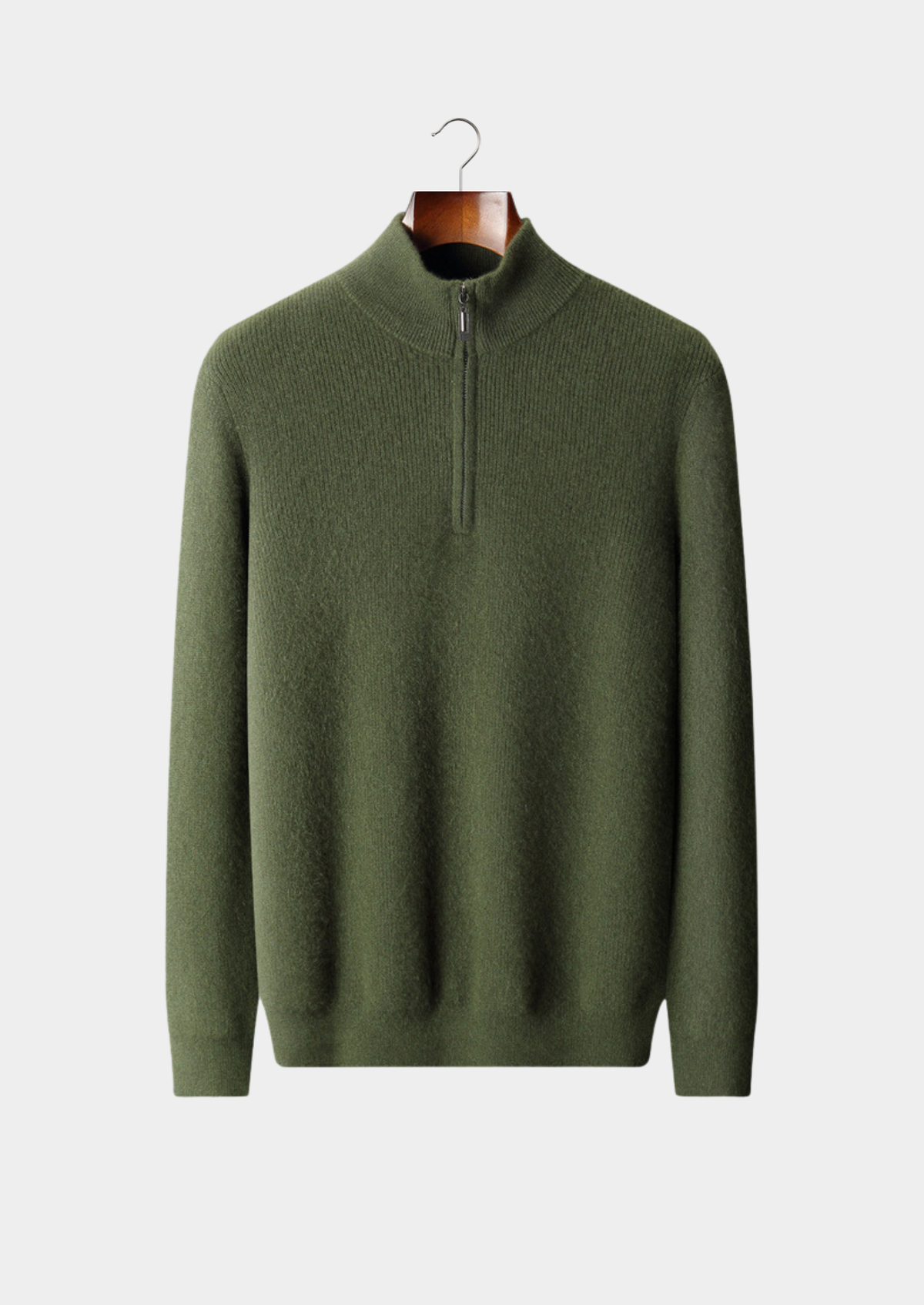 Pure Cashmere Olive Ribbed Half Zip | Roccella