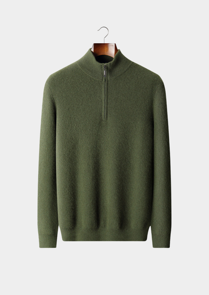 Pure Cashmere Olive Ribbed Half Zip | Roccella