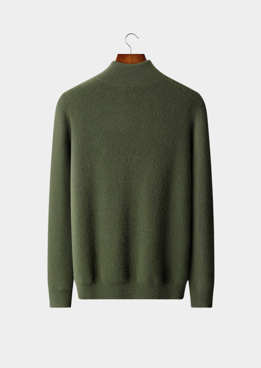 Pure Cashmere Olive Ribbed Half Zip | Roccella