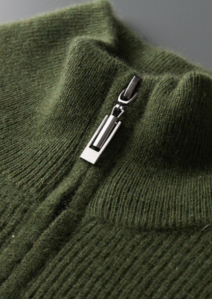 Pure Cashmere Olive Ribbed Half Zip | Roccella