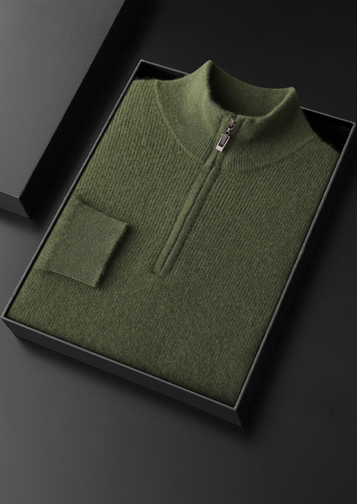 Pure Cashmere Olive Ribbed Half Zip | Roccella