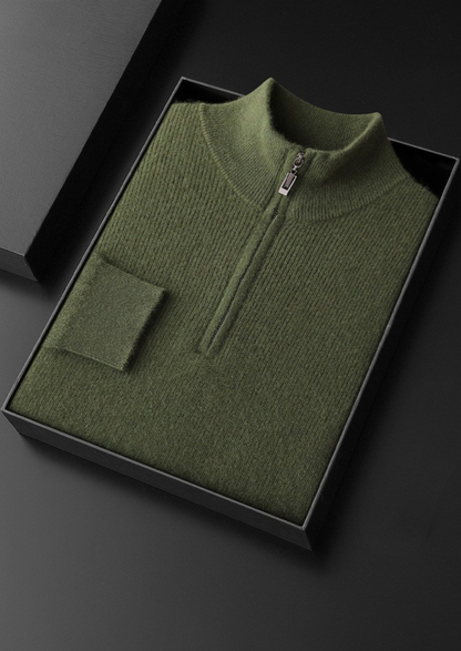 Pure Cashmere Olive Ribbed Half Zip | Roccella