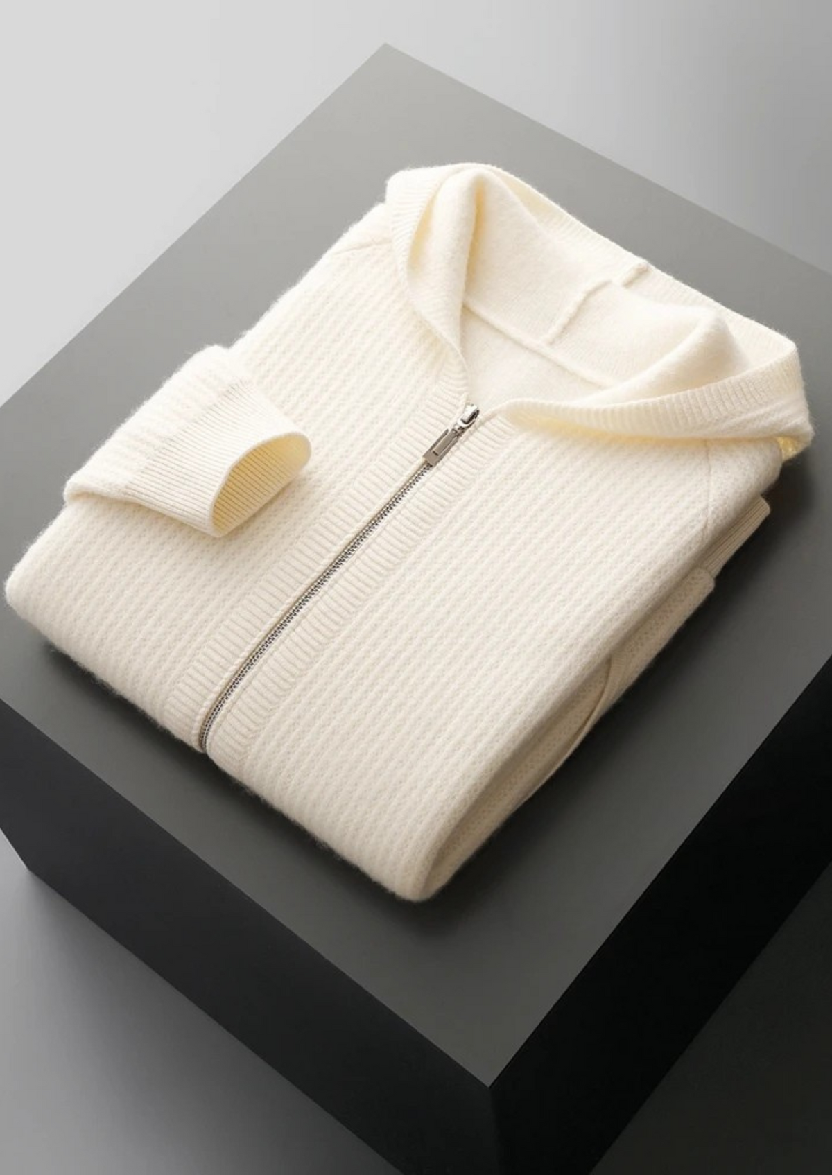 Pure Extra-Fine Merino Wool Ribbed Zipper Hoodie | Roccella