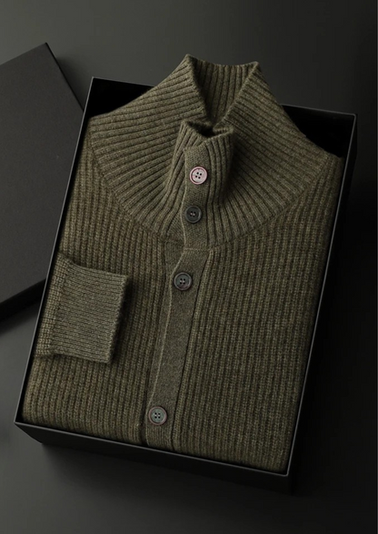 Premium Cashmere Ribbed High Collar Cardigan | Roccella