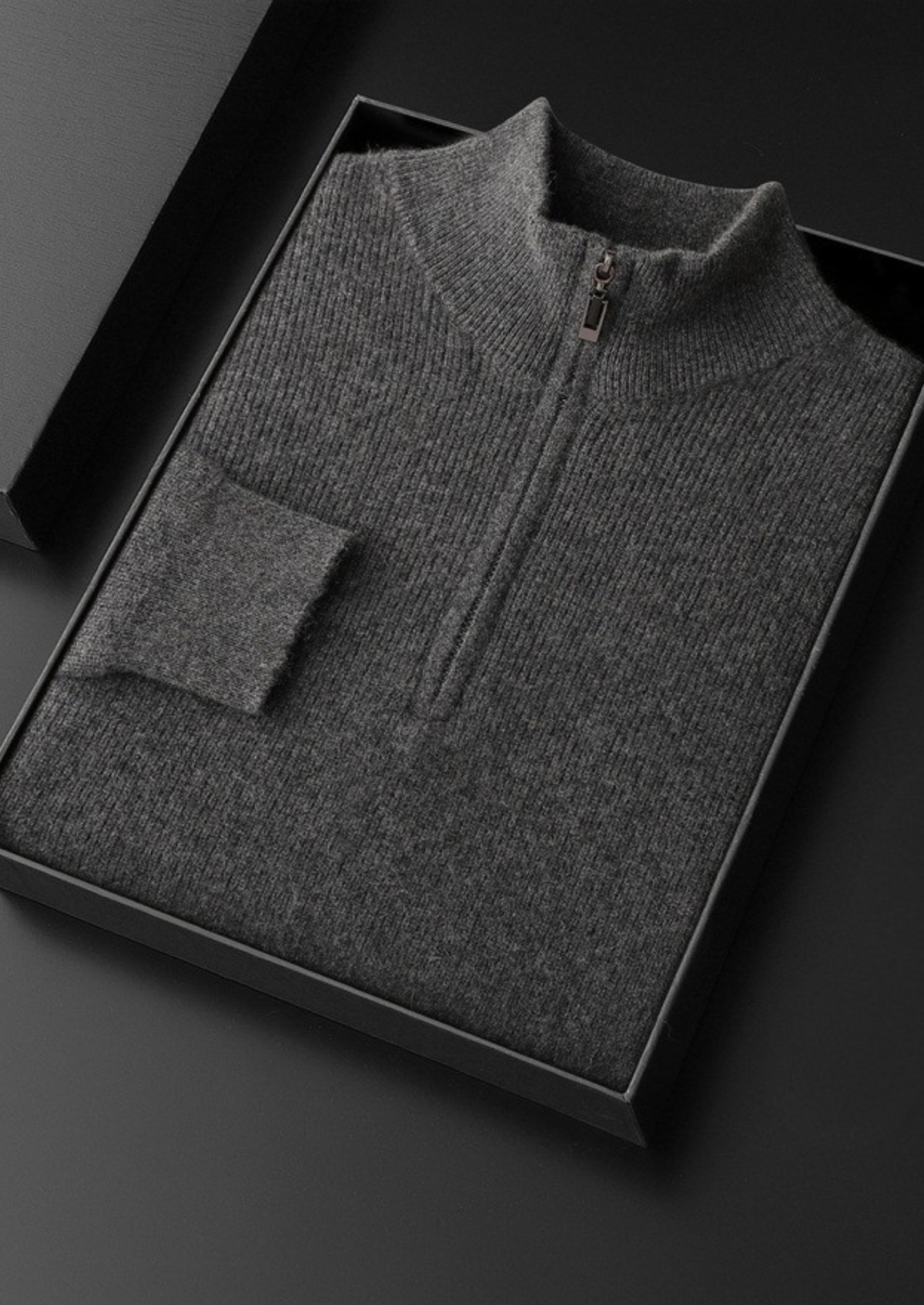 Pure Cashmere Dark Gray Ribbed Half Zip | Roccella