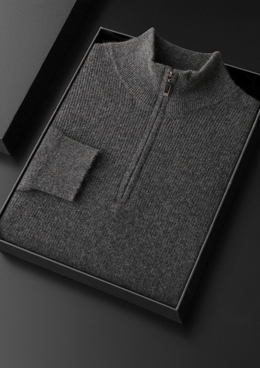 Pure Cashmere Dark Gray Ribbed Half Zip | Roccella