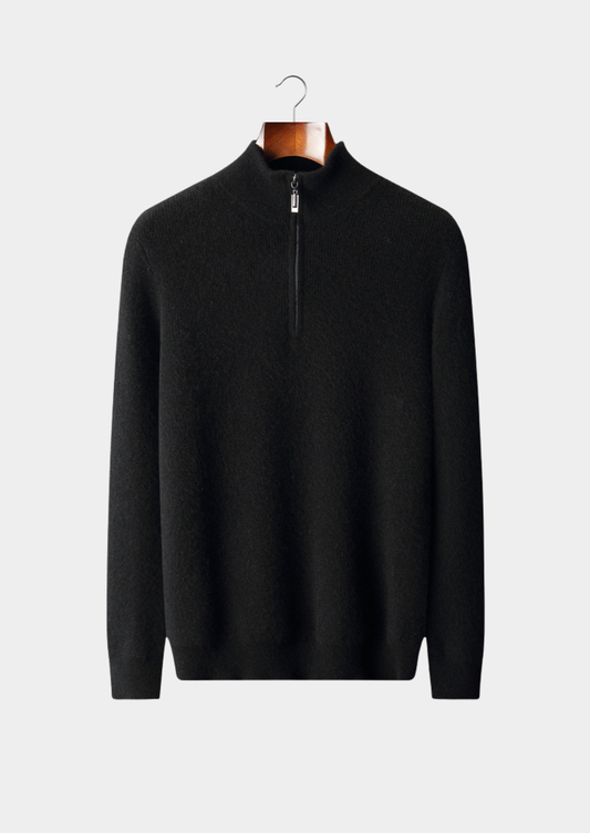 Pure Cashmere Black Ribbed Half Zip | Roccella