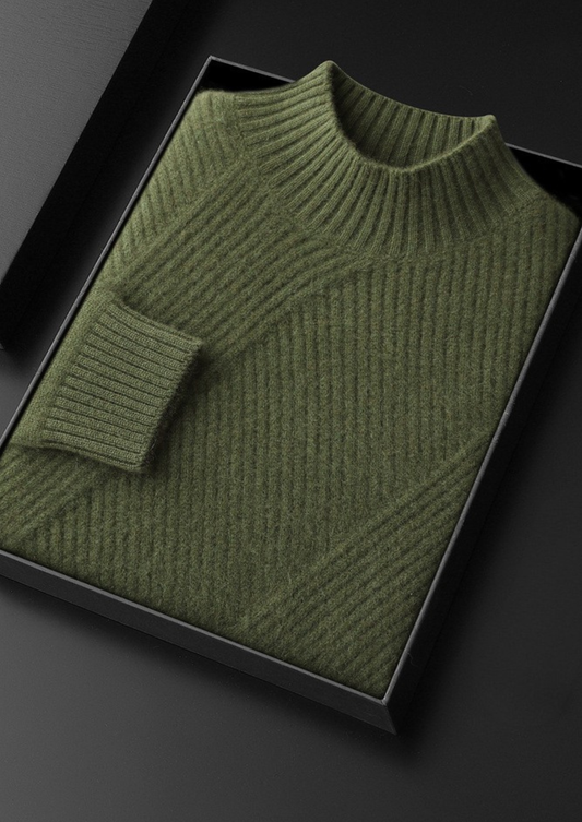 Pure Cashmere Olive Patterned Mockneck | Roccella