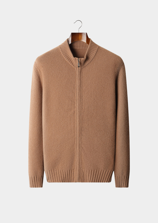 Pure Cashmere Mustard Ribbed Zip Cardigan | Roccella