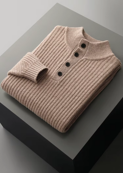 Pure Extra-Fine Merino Wool Ribbed Henley Sweater | Roccella