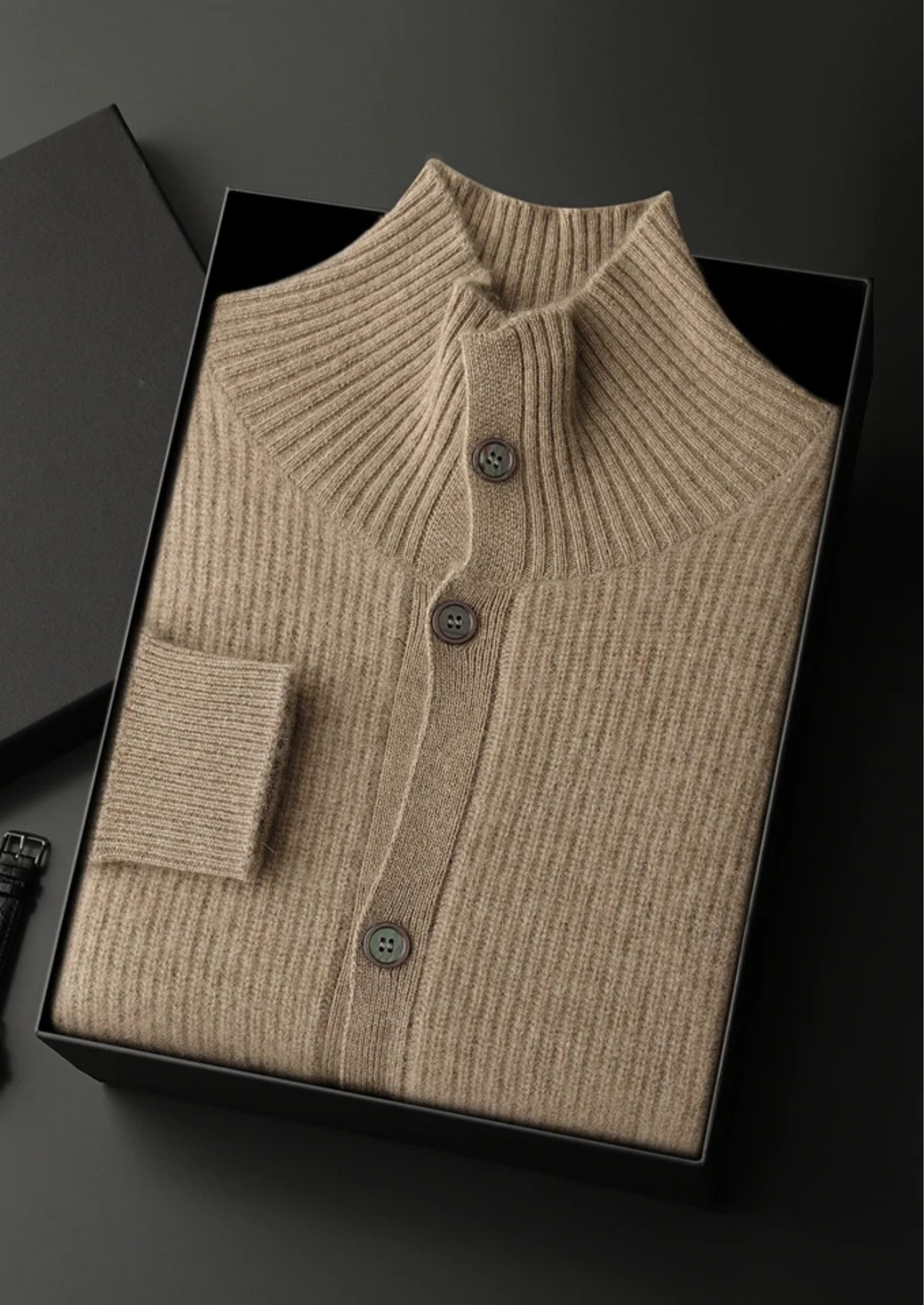 Premium Cashmere Ribbed High Collar Cardigan | Roccella
