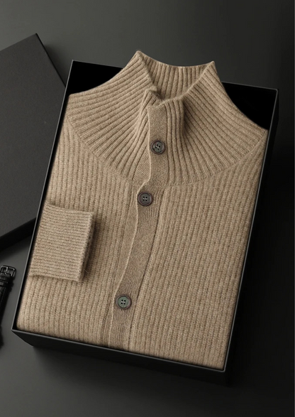 Premium Cashmere Ribbed High Collar Cardigan | Roccella