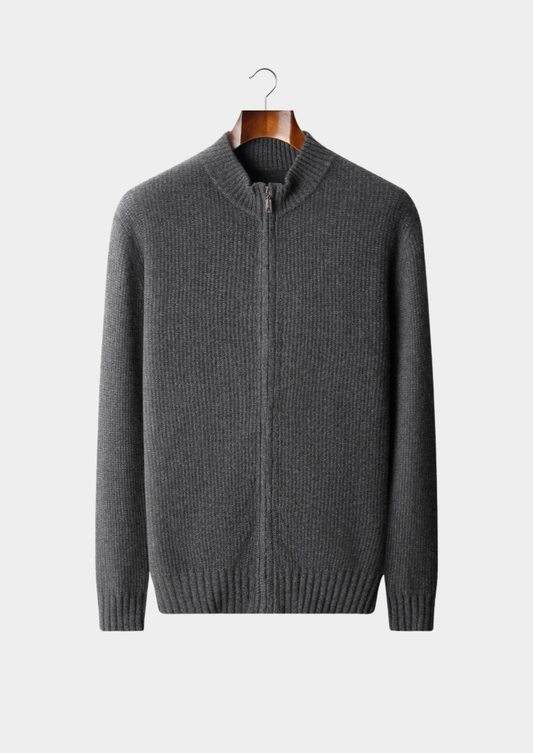 Pure Cashmere Dark Gray Ribbed Zip Cardigan | Roccella