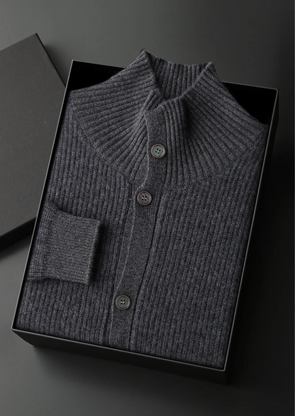 Premium Cashmere Ribbed High Collar Cardigan | Roccella