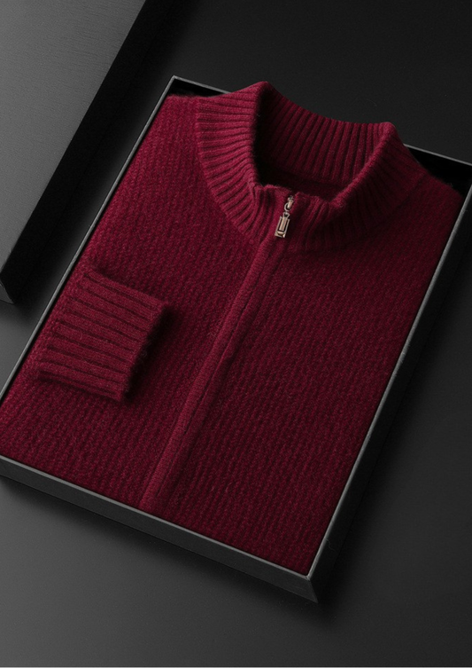 Pure Cashmere Burgundy Ribbed Zip Cardigan | Roccella