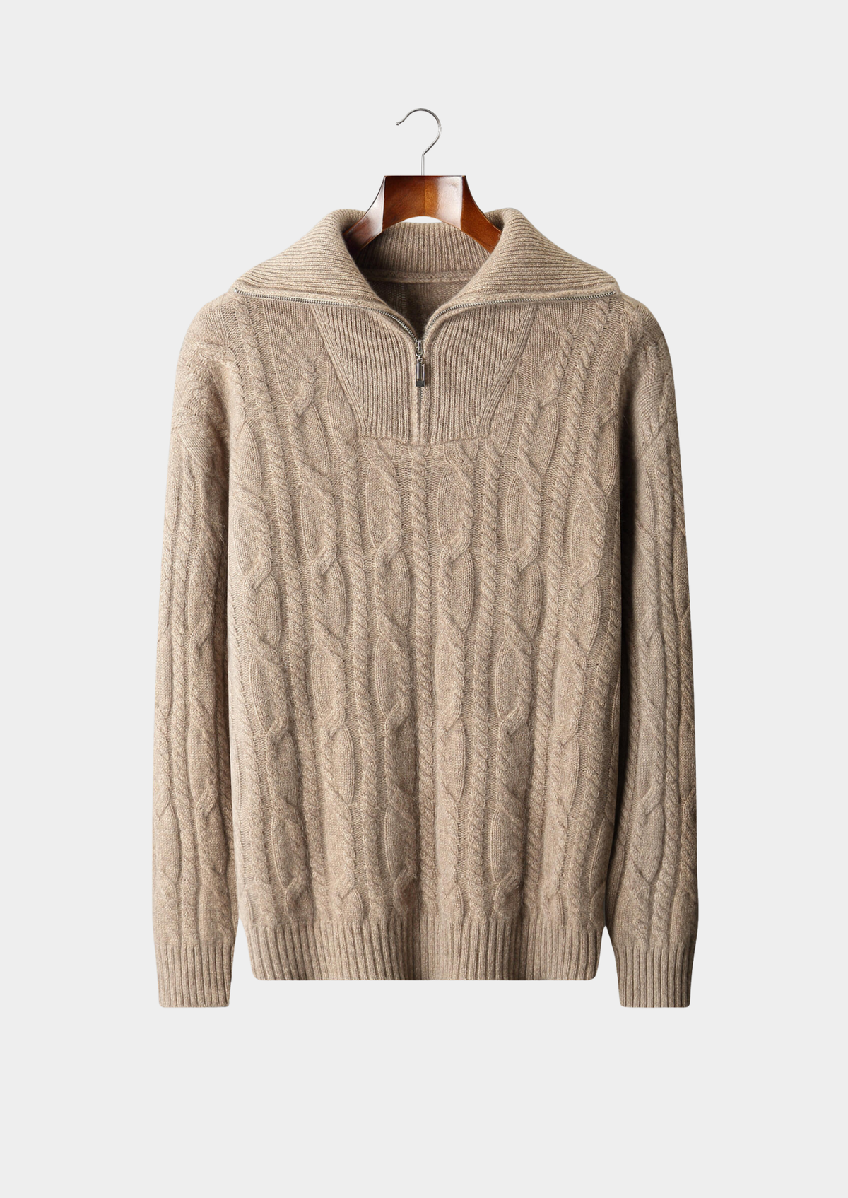 Pure Cashmere Beige Cable Half Zip Sweater | Roccella