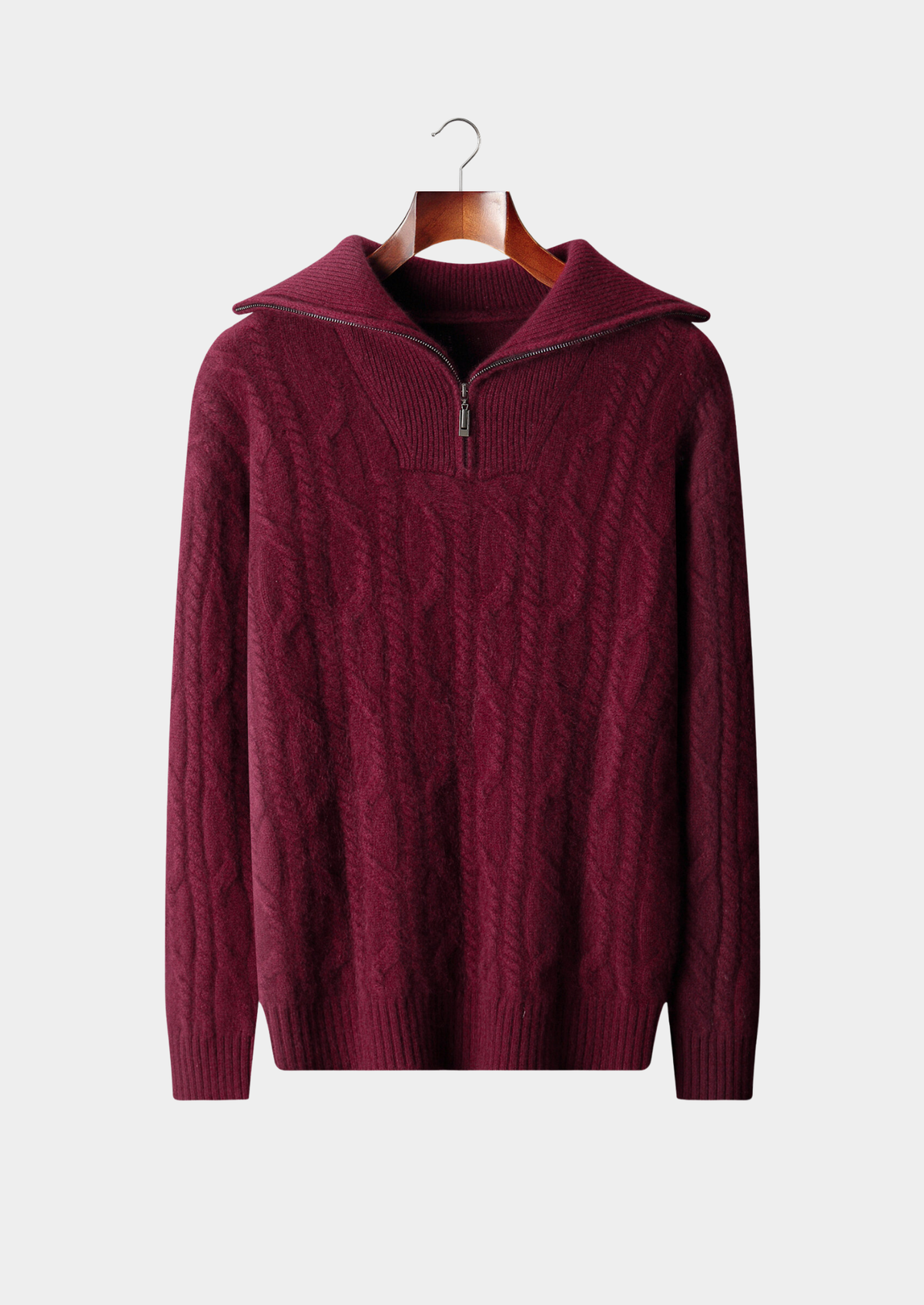 Pure Cashmere Burgundy Cable Half Zip Sweater | Roccella