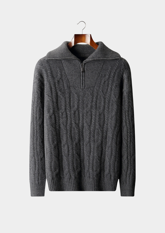 Pure Cashmere Dark Gray Cable Half Zip Sweater | Roccella