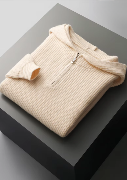 Pure Extra-Fine Merino Wool Half Zipper Hoodie | Roccella