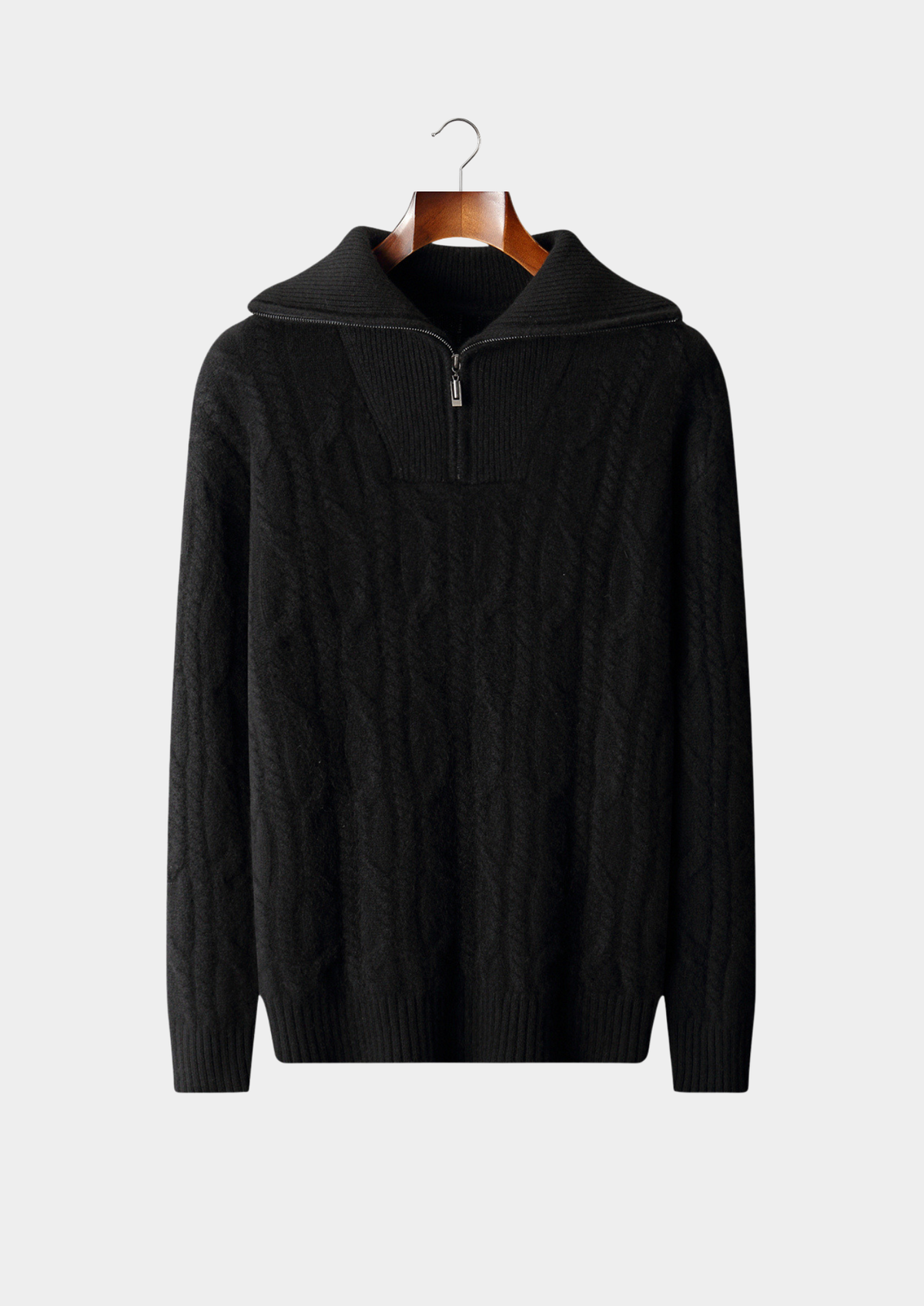 Pure Cashmere Black Cable Half Zip Sweater | Roccella