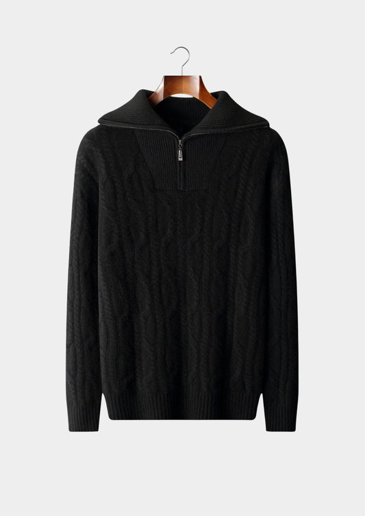 Pure Cashmere Black Cable Half Zip Sweater | Roccella