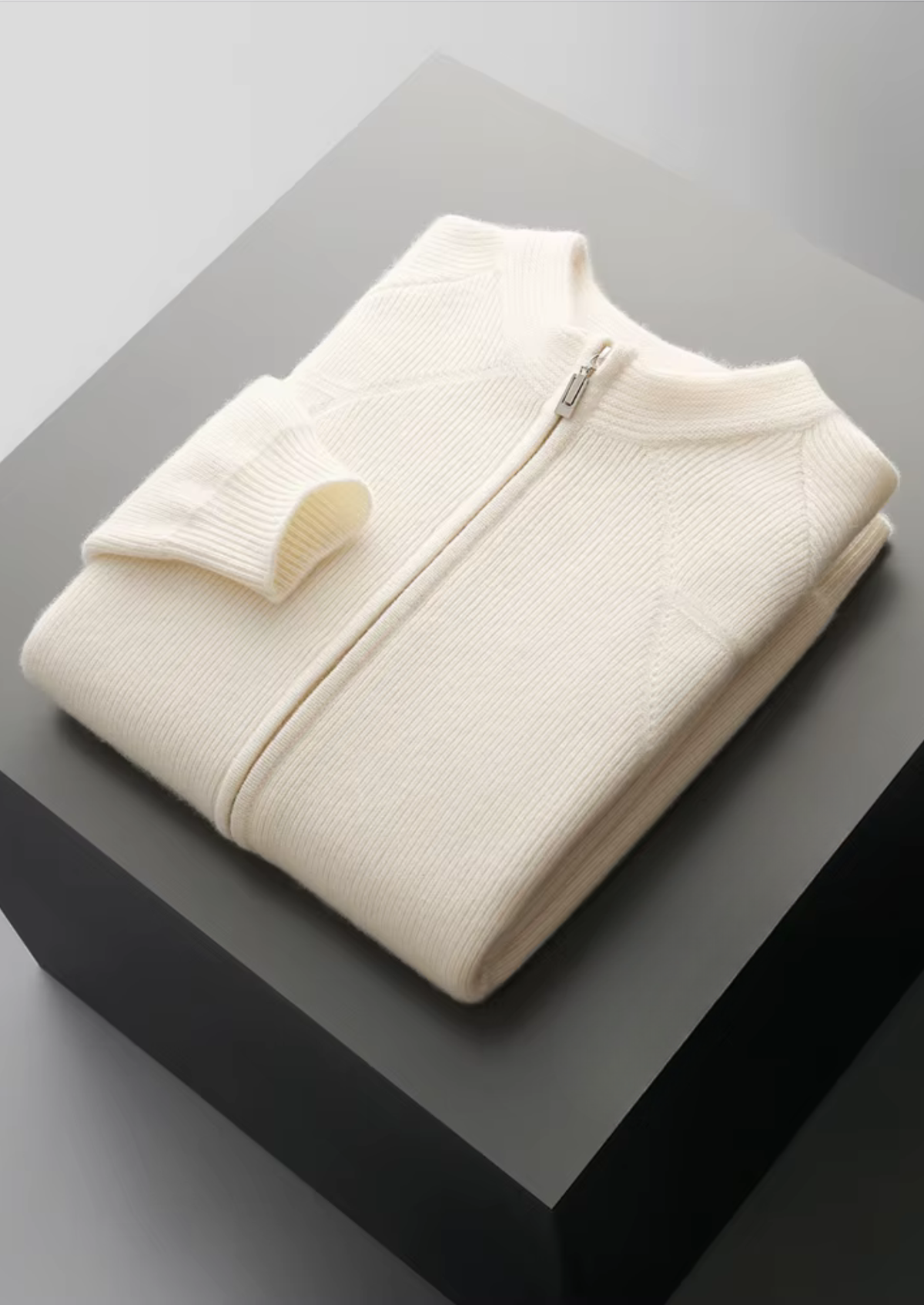 Merino Ribbed Zip Cardigan, Grey & Olive