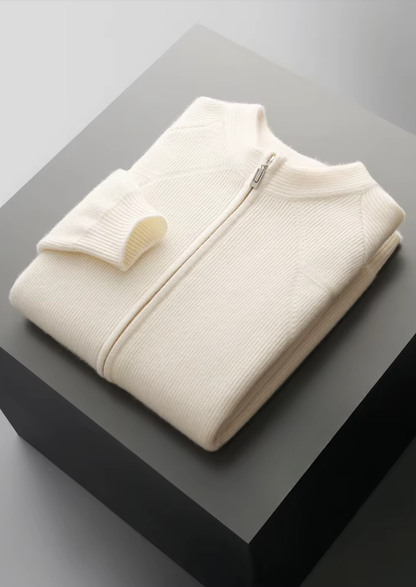Merino Ribbed Zip Cardigan, Grey & Olive