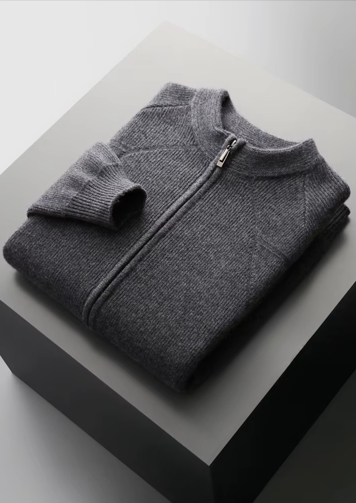 Merino Ribbed Zip Cardigan, Grey & Olive