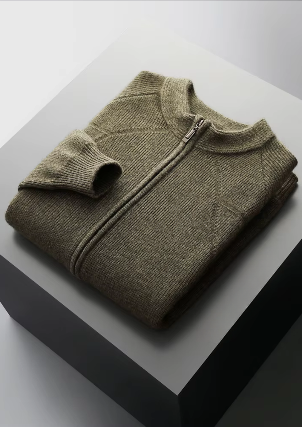 Merino Ribbed Zip Cardigan, Grey & Olive