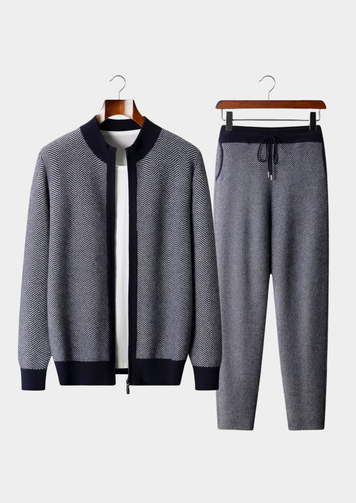Pure Extra-Fine Merino Wool Navy Blue Herringbone Set | Roccella