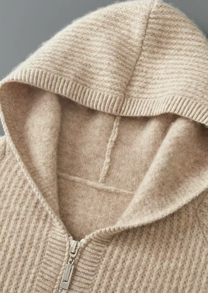 Pure Extra-Fine Merino Wool Ribbed Zipper Hoodie | Roccella